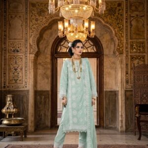 Mint Green Full Embroidered Lawn Suit With Chiffon Dupatta