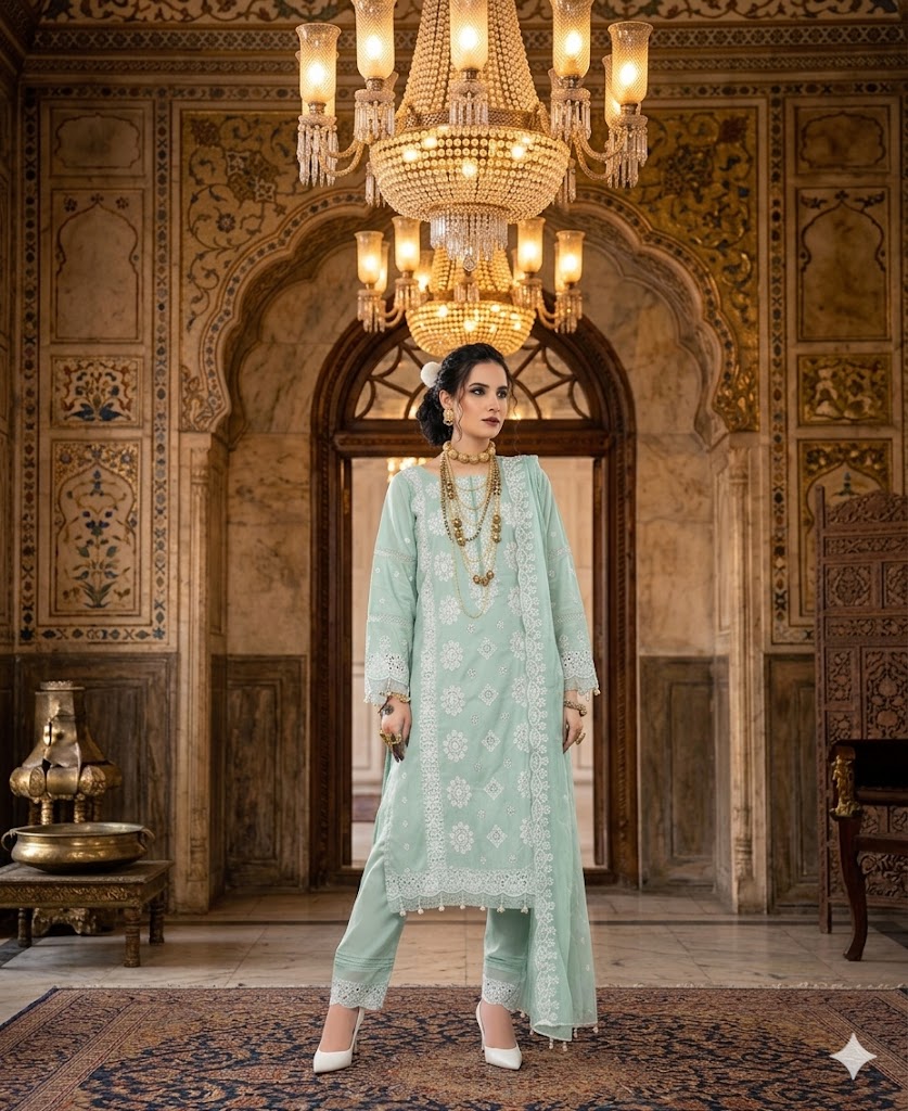 Mint Green Full Embroidered Lawn Suit With Chiffon Dupatta