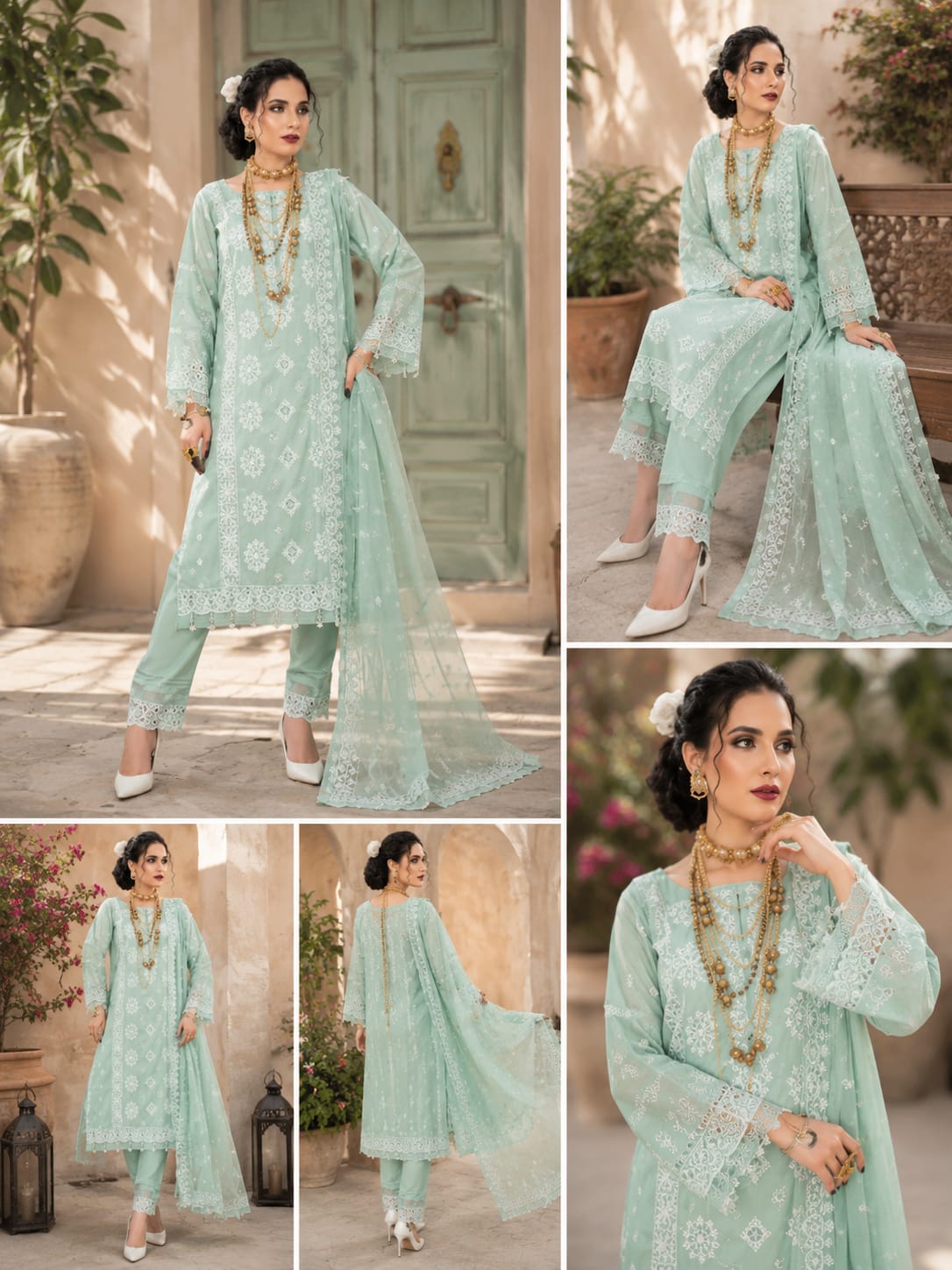 Mint Green Full Embroidered Lawn Suit With Chiffon Dupatta - Image 2