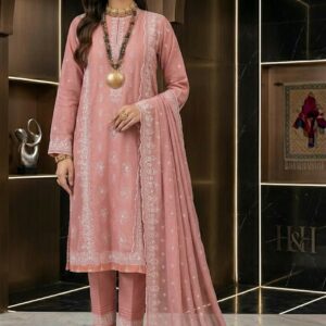 Luxury Pink Embroidered Lawn Suit With Chiffon Dupatta – 3PC