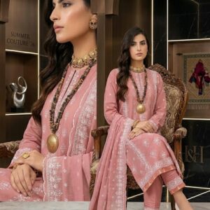 Alternative view of Luxury Pink Embroidered Lawn Suit With Chiffon Dupatta – 3PC