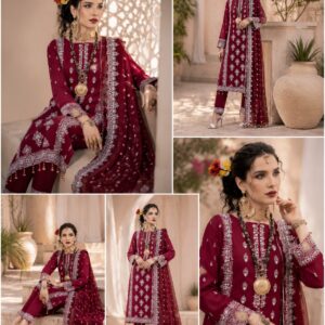 Alternative view of Maroon Embroidered Lawn Suit With Chiffon Dupatta – 3PC
