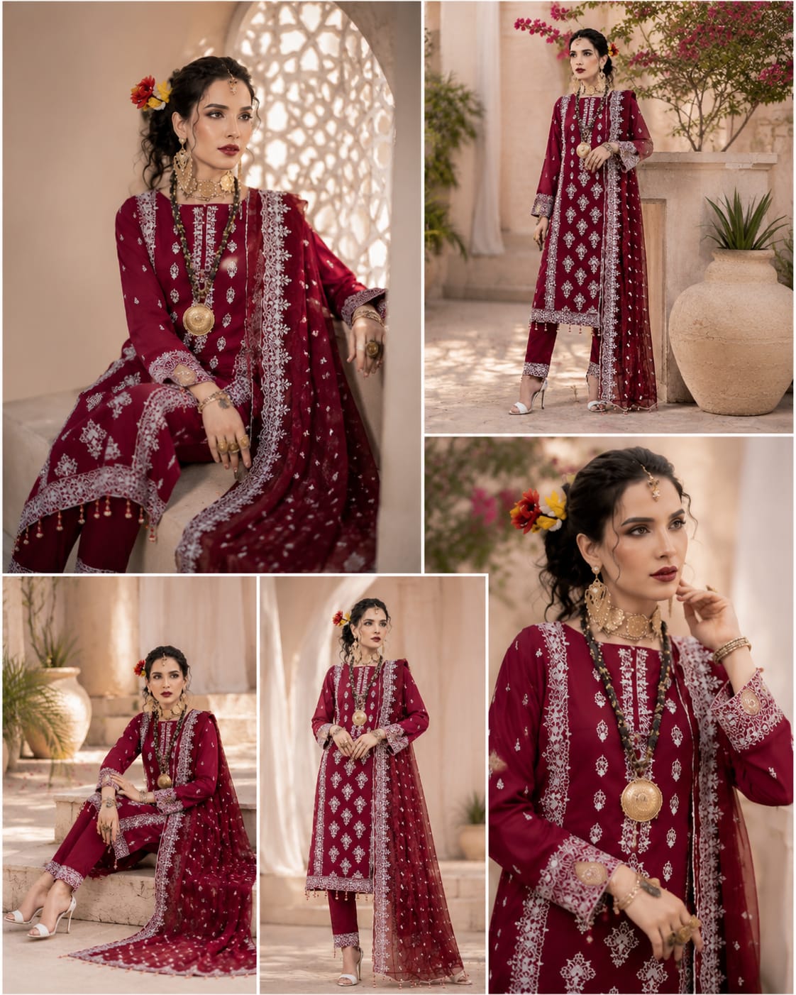 Maroon Embroidered Lawn Suit With Chiffon Dupatta – 3PC - Image 2