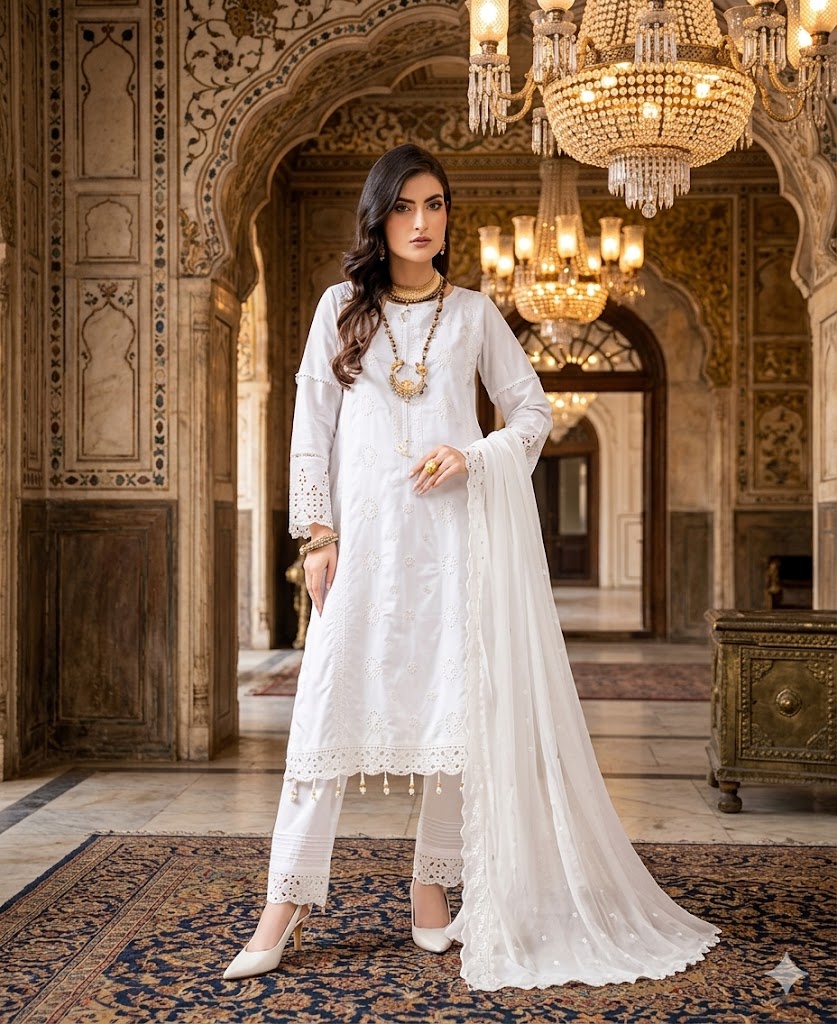 White Chikankari Embroidered Lawn Suit - Image 2