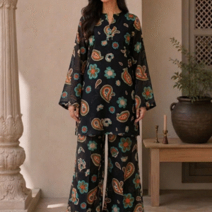Black Floral Printed 2 Piece Unstitched Lawn Suit