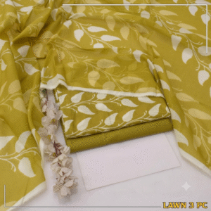 3 Piece Unstitched Printed Lawn Suit – Mustard Yellow Leaf Print