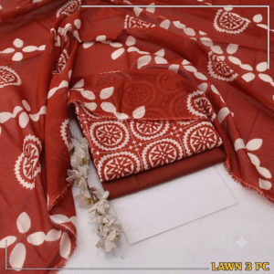 3 Piece Unstitched Printed Lawn Suit – Rust Red Traditional Print